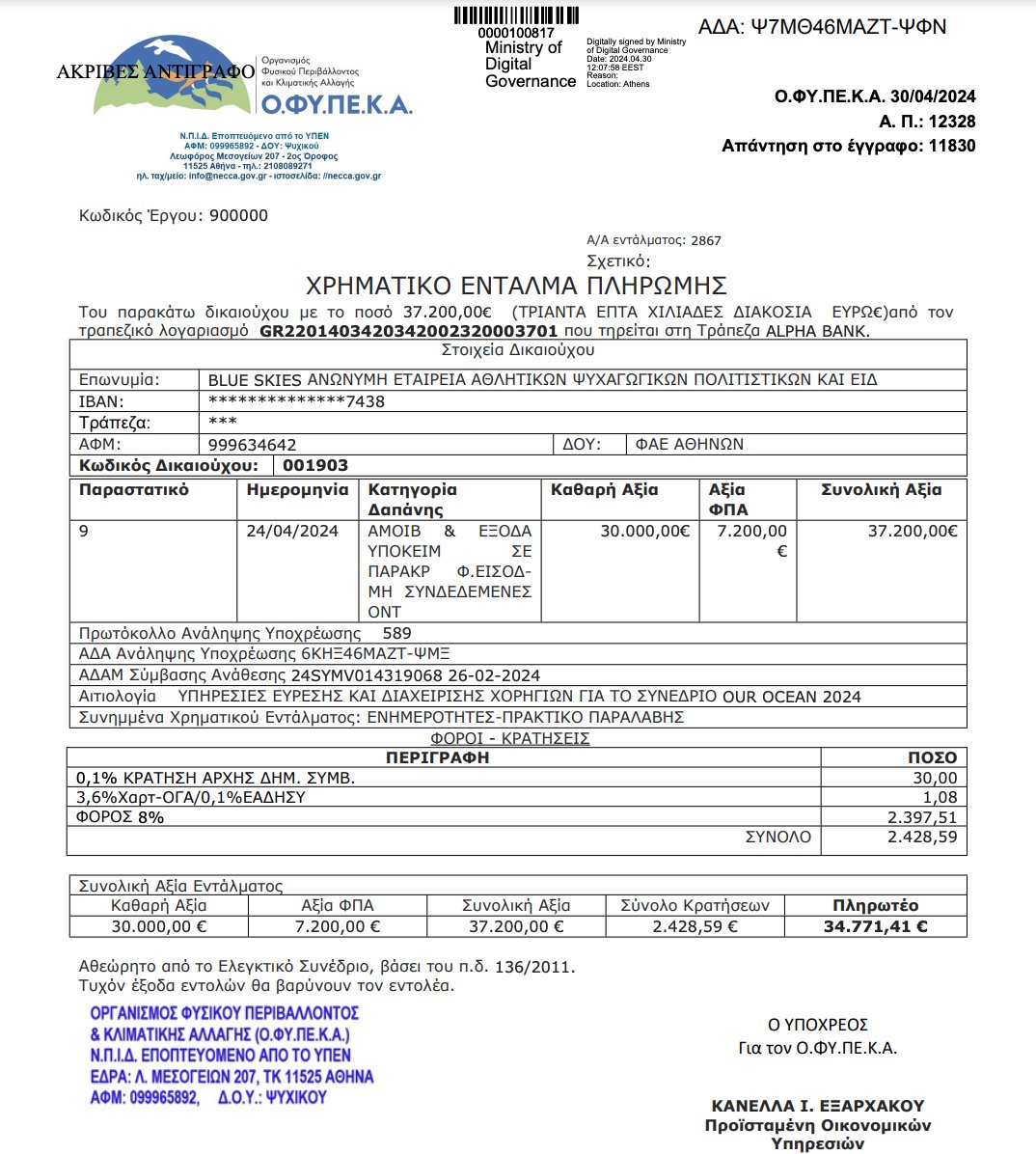 32k € στην Blue Skies για «εύρεση &amp; διαχείριση χορηγιών» για το συνέδριο του Οργανισμού Φυσικού Περιβάλλοντος &amp; Κλιματικής Αλλαγής που εποπεύεται από το Υπουργείο Περιβάλλοντος &amp; Ενέργειας «Our Ocean 2024» το οποίο απροπό κόστισε 930k.
Θέλετε να ακούσετε και τους χορηγούς;
1/2