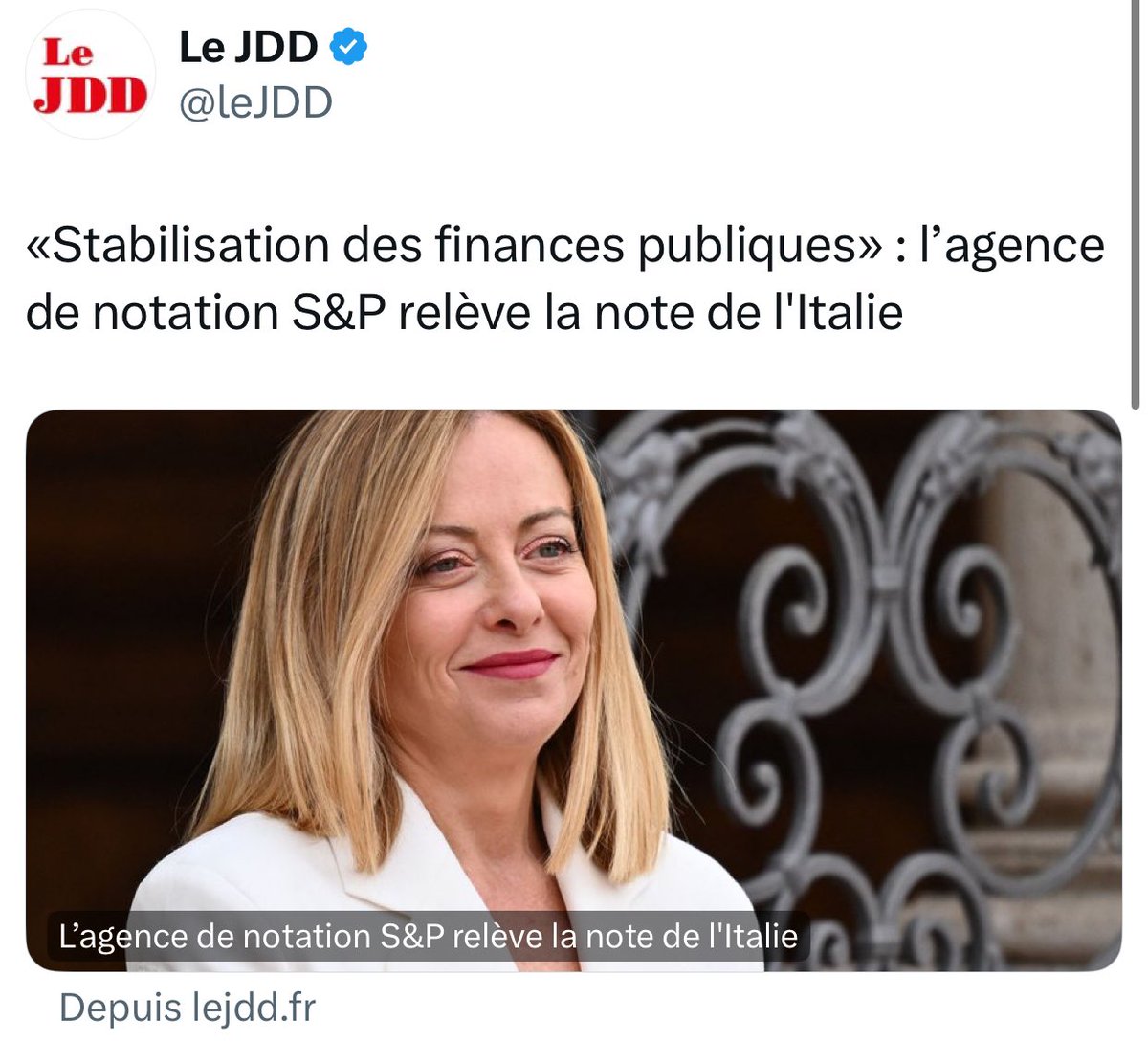 Vous vous rappelez tous les gauchistes qui nous disaient à l’époque que « la méchante fasciste nazie d’extrême-droite Giorgia Meloni allait ruiner l’Italie » ? 🥲