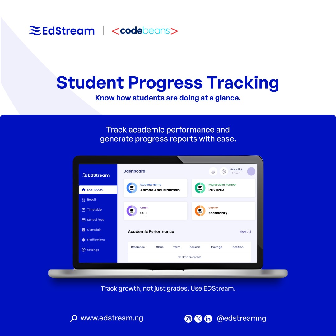 Edstreamng's tweet photo. Track every step of your students’ journey.
EDStream helps you monitor performance and generate clear reports.

.

.
#EDStream #StudentProgress #SmartTracking #EducationTools #EdTechNigeria https://t.co/rMWLeJk8yl