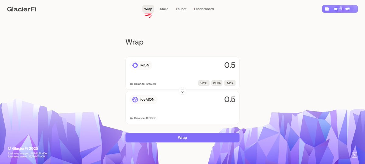 Another Monad interaction 🪂 

<a href="/Glacier_Fi/">GlacierFi</a>  is a DeFi platform by <a href="/TalentumID/">Talentum</a> built on <a href="/monad_xyz/">Monad ⨀</a> 

- go to: 
 glacierfi.com
- connect your wallet 
 - navigate to "Wrap" and wrap MON to iceMON   

- navigate to "Stake" and stake your iceMON  (You can also stake some