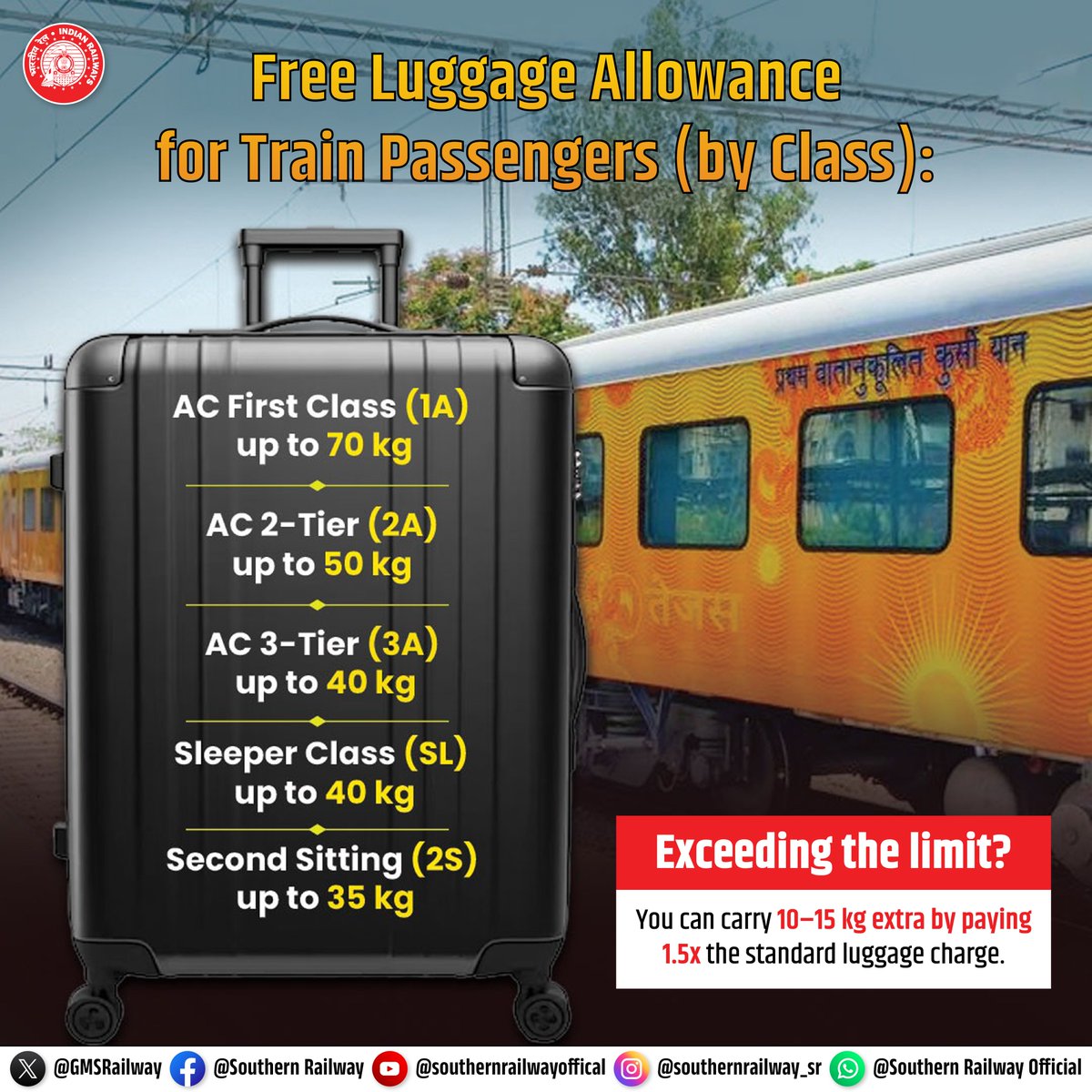 SalemDRM's tweet image. Traveling by train? Southern Railway makes it easy!

Here's a handy guide to your free luggage allowance based on your ticket class.

Travel light and hassle-free! 

#TravelSmart #IndianRailways #LuggageGuide #TrainJourney #TravelHacks #SouthernRailway