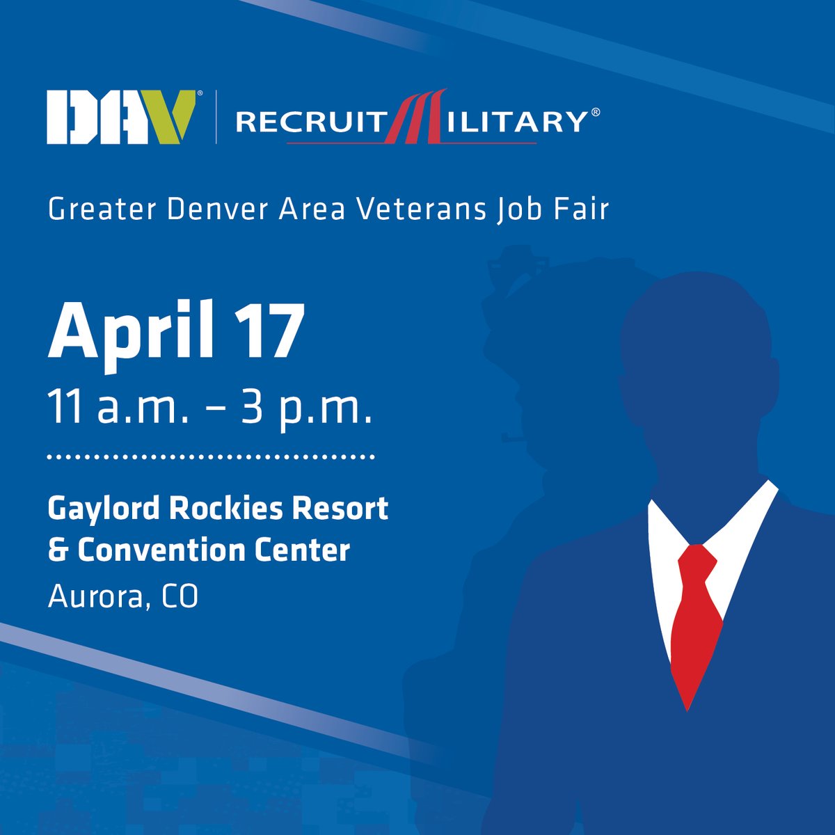 Disabled American Veterans (DAV) (@davhq) on Twitter photo On Thursday, April 17, at 11 a.m. (Mountain), DAV and <a href="/RecruitMilitary/">RecruitMilitary</a> will host an in-person job fair for transitioning service members, veterans, members of the National Guard and Reserves, and military spouses in Aurora, Colorado. Register now: dav.la/41r5DMt. On Thursday, April 17, at 11 a.m. (Mountain), DAV and <a href="/RecruitMilitary/">RecruitMilitary</a> will host an in-person job fair for transitioning service members, veterans, members of the National Guard and Reserves, and military spouses in Aurora, Colorado. Register now: dav.la/41r5DMt.