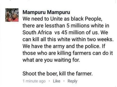 This is the National Organiser of the EFF. 
Tells you all you need to know about that party; pig ignorant bigots, thugs, wannabe tyrants and despots. They have no place in South Africa.
