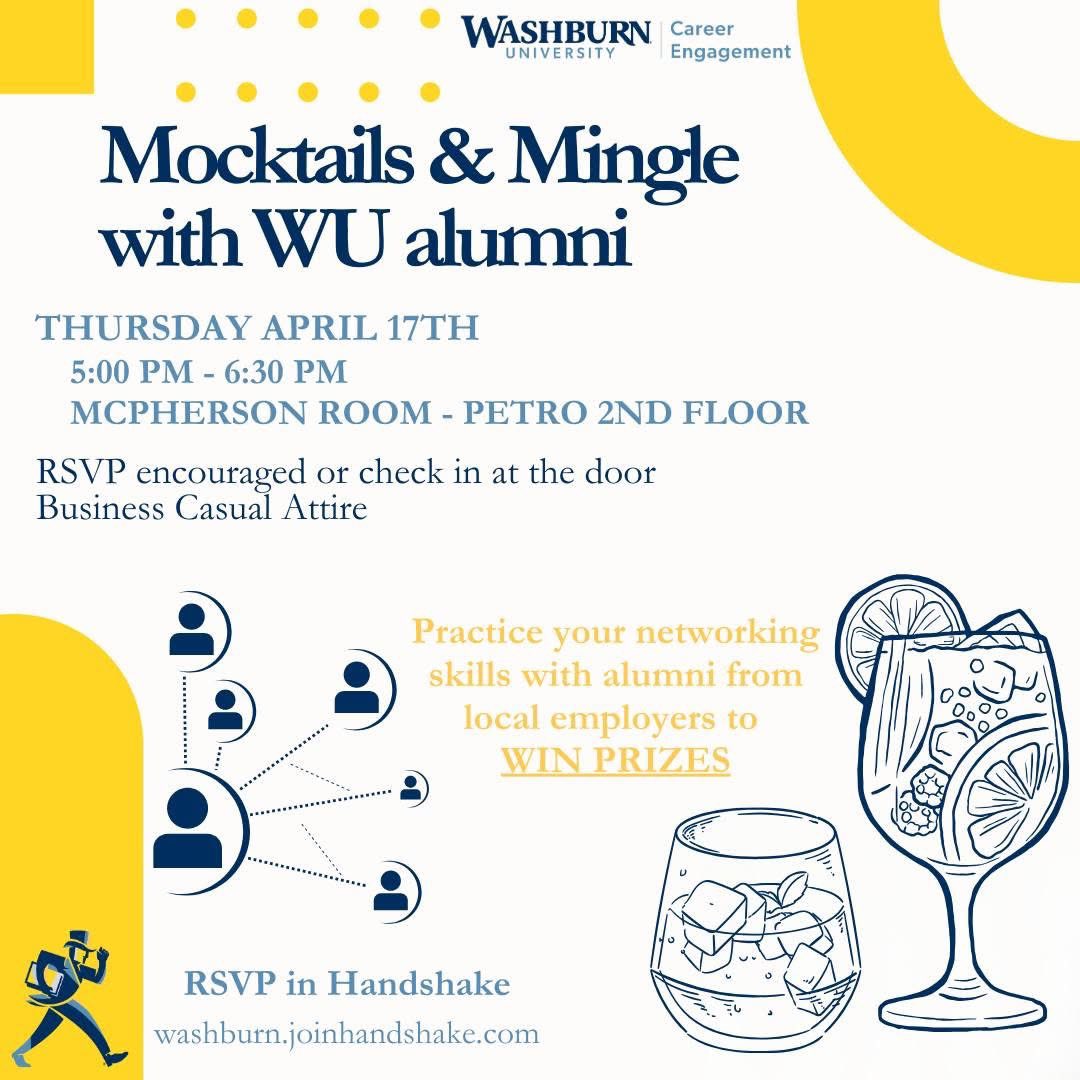 Mocktails &amp; Mingle is next Thursday! Washburn alumni employers from various organizations will be there. This is a great opportunity to network and make connections! Register by clicking the link below.

washburn.joinhandshake.com/stu/events/173…