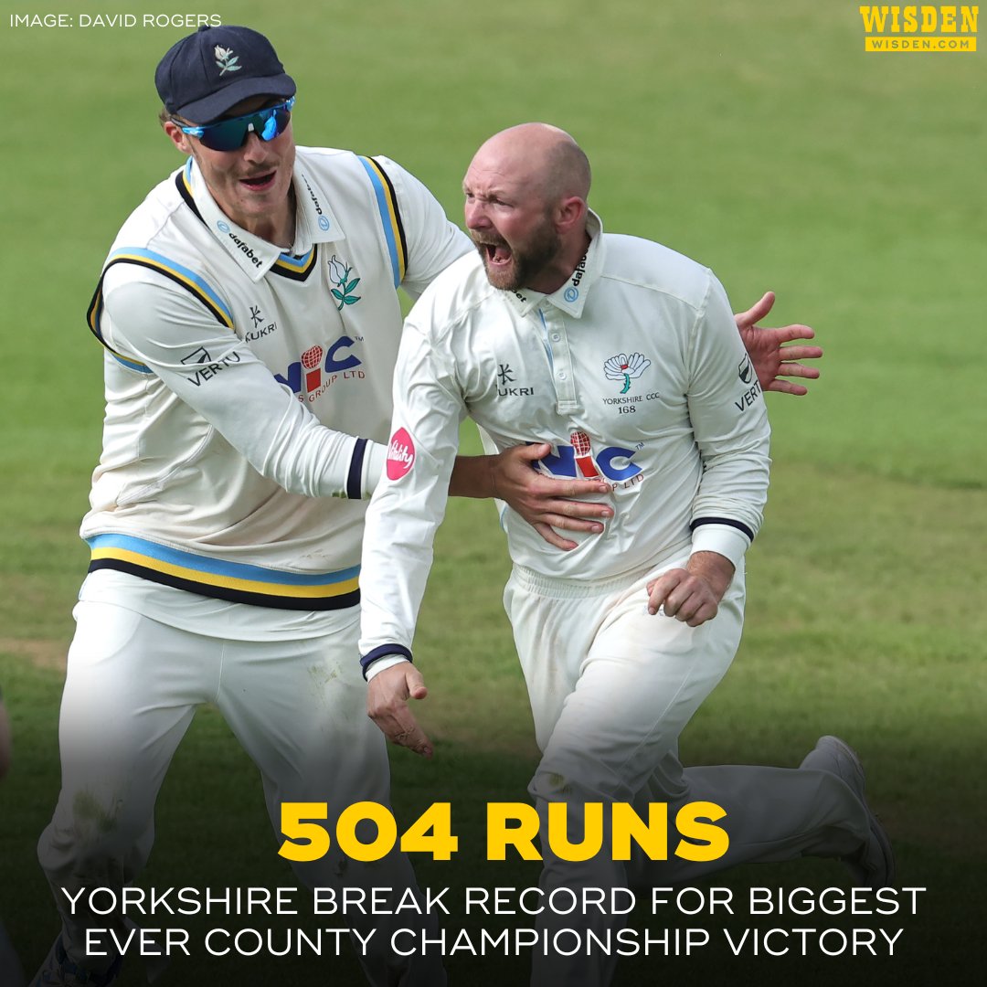 Yorkshire have recorded the biggest win by runs in County Championship history after dismantling Worcestershire at Headingley 👏

They bowled them out for just 162 and 105 in a commanding all-round performance.

#Countycricket2025
