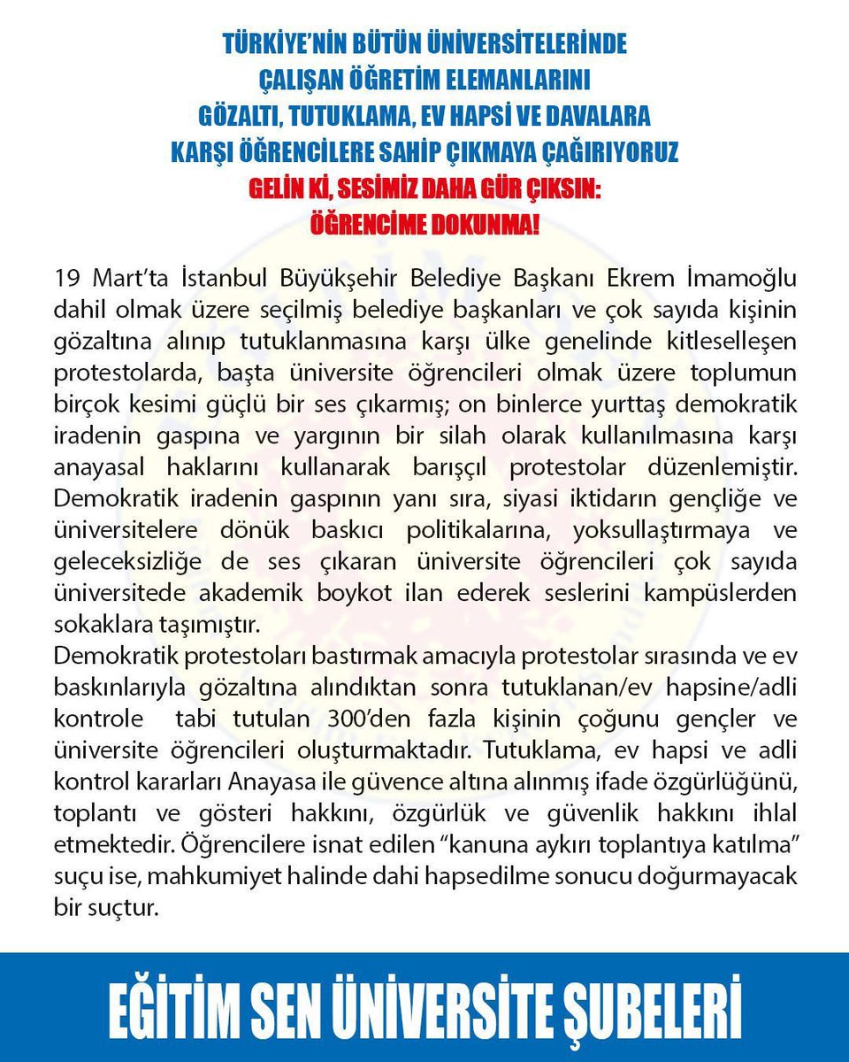 EgitimSenist6's tweet photo. Gözaltı, tutuklama, ev hapsi ve davalarla öğrencilerimizi susturamazsınız!
Üniversiteler özgürlüğün ve bilimin alanıdır.
Susmayacağız, öğrencilerimizin yanındayız.
ÖĞRENCİME DOKUNMA! https://t.co/WsTk1TokL0