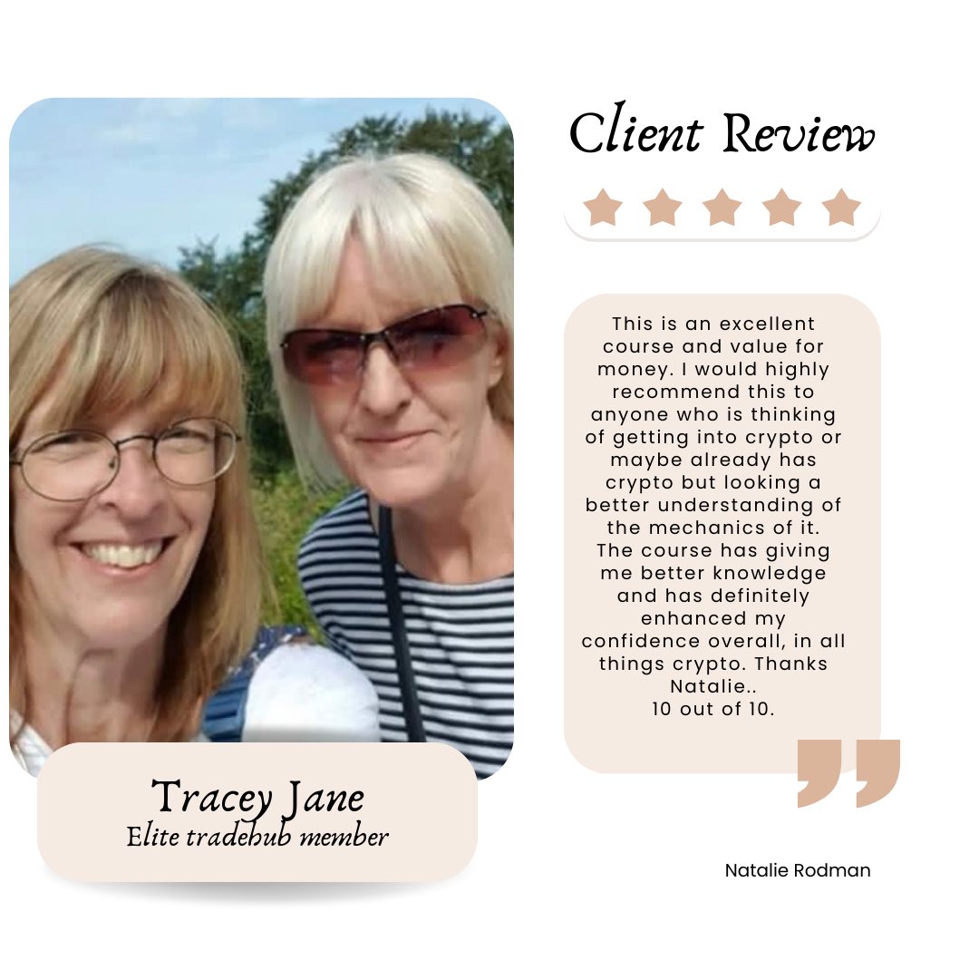 Feeling super grateful for this kind review from Tracey! 
It means a lot to see how much my private program has helped her feel more confident and informed about crypto. That’s exactly why I started this… to help everyday people take control of their finances and realize there’s