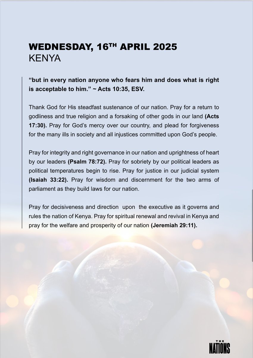NairobiChapel's tweet photo. Holy Week
Prayer &amp; Fasting
Day 3
Bible Ref: Acts 10:35, ESV
Thank God for His steadfast sustenance of our nation. Pray for a return to godliness and a forsaking of other gods in our land.
Pray for God’s mercy over our country.

#TheProclamation #GoTell #HolyWeek #TOUCH https://t.co/dJvMUQM2IQ
