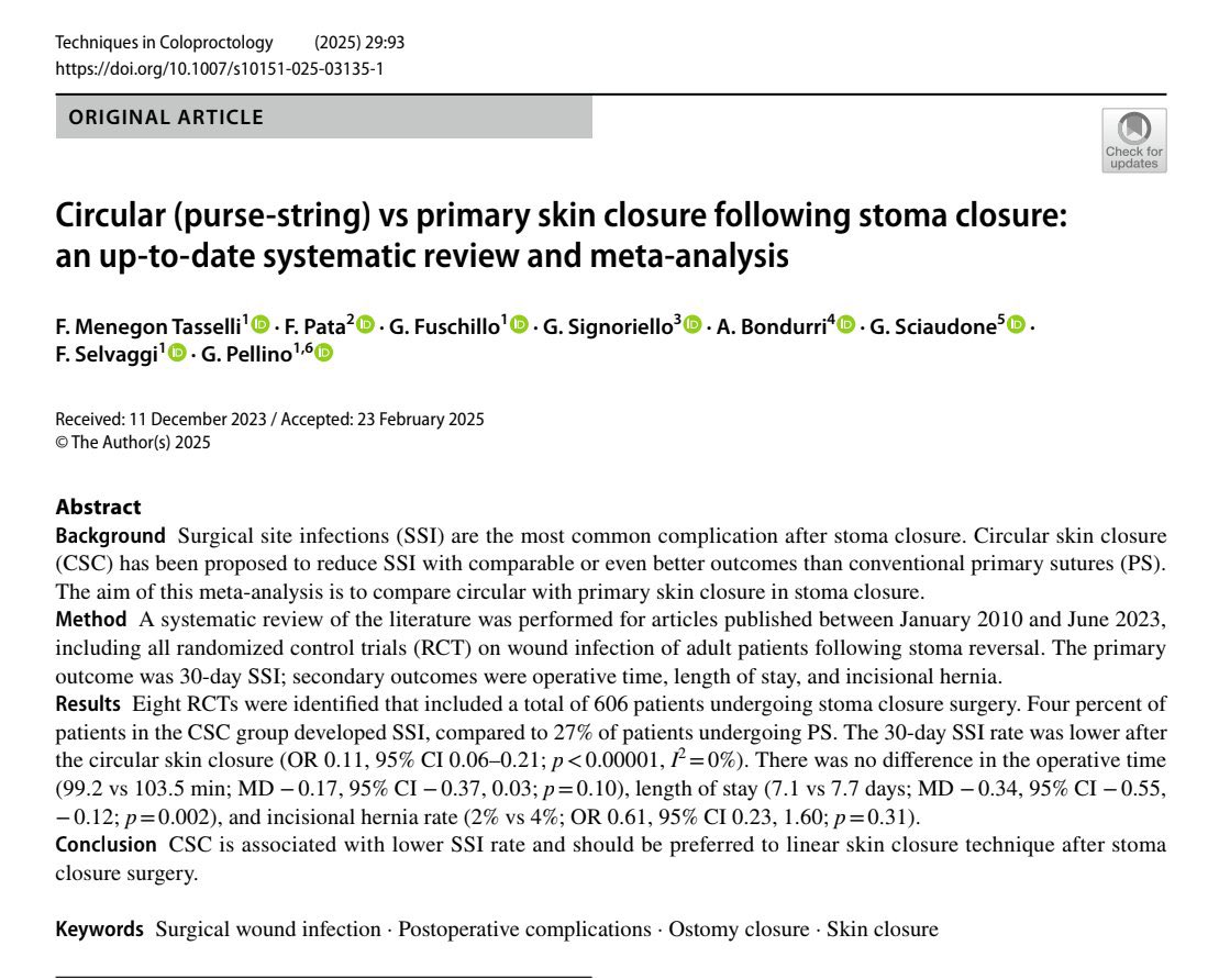 Dr Luis Felipe Cabrera Vargas MD FACS MACC MACCVA (@pipecabrerav) on Twitter photo How to close the stoma skin after stoma reversal surgery: Circular (purse-string) vs primary skin closure! Systematic review and meta analysis by <a href="/GianlucaPellino/">Gianluca Pellino</a> et al! <a href="/pferrada1/">Paula Ferrada MD FACS FCCM MAMSE</a> <a href="/SWexner/">Steven D Wexner MD, PhD</a> <a href="/juliomayol/">Julio Mayol</a> <a href="/TomVargheseJr/">Tom Varghese Jr. MD, MS, MBA, FACS, MAMSE 🇺🇸</a> <a href="/CiruAndes2/">CiruAndes</a> How to close the stoma skin after stoma reversal surgery: Circular (purse-string) vs primary skin closure! Systematic review and meta analysis by <a href="/GianlucaPellino/">Gianluca Pellino</a> et al! <a href="/pferrada1/">Paula Ferrada MD FACS FCCM MAMSE</a> <a href="/SWexner/">Steven D Wexner MD, PhD</a> <a href="/juliomayol/">Julio Mayol</a> <a href="/TomVargheseJr/">Tom Varghese Jr. MD, MS, MBA, FACS, MAMSE 🇺🇸</a> <a href="/CiruAndes2/">CiruAndes</a>