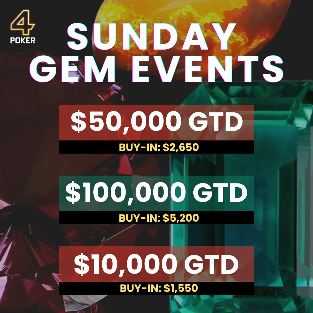 Sunday High Rollers! 💥

Login &amp; register into today's Gem events:

🔴 $2,650 Ruby $50k GTD at 14:05 ET
🟢 $5,200 Emerald $100k GTD at 15:05 ET
🔴 $1,550 Ruby Turbo $10k GTD at 16:05 ET

Play at 4Poker 🔥

4poker.com/web-client/

#poker #highroller #pokernight