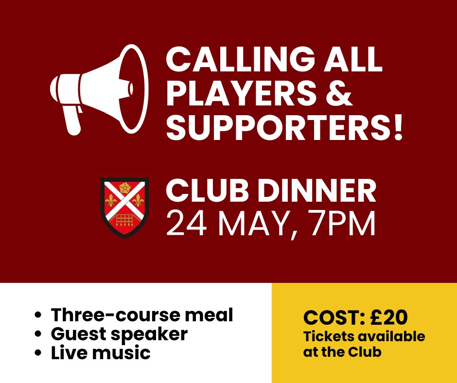 Club News 🔴🟡: Get your tickets for the upcoming Club Dinner on May 24th! 🎟️ All details below 👇