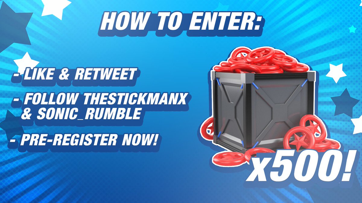 thestickmanx's tweet image. Heyo! 👋

After years of making guides showing you how to get Red Star Rings, I thought I'd make it easier get you some for free now! #SonicRumble #SonicRumblePartner

Giveaway Entry Instructions:
1. Like + RT
2. Follow me &amp;amp; @Sonic_Rumble 
3. Pre-register: sonicrumble.sega.com/special/regist…