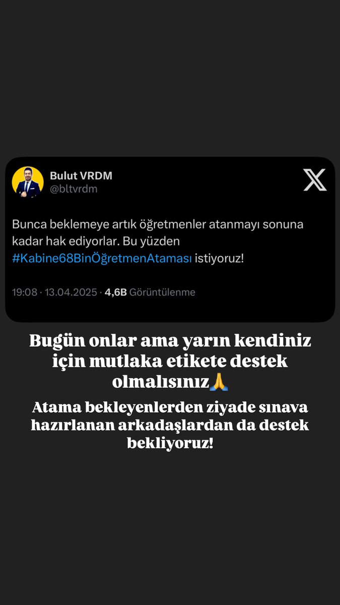 Hadi bakalım hak aramak SEVAPTIR☺️
İnsta cemiyetini topladım geliyorum. Safları sıklaştıralım #Kabine68BinÖğretmenAtaması