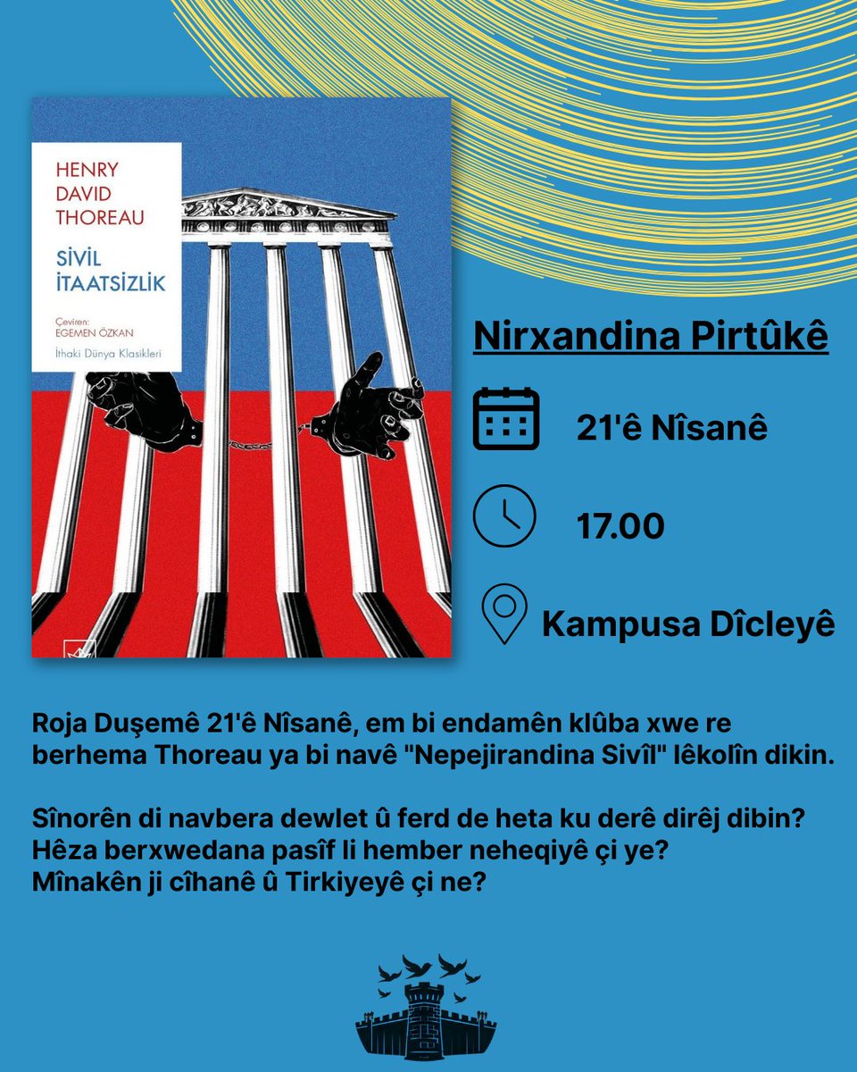 Dicle Hür Düşünce Kulübü olarak ilk etkinliğimizde Thoreau'nun "Sivil İtaatsizlik" eserini inceleyeceğiz.

#dicleuniversitesi