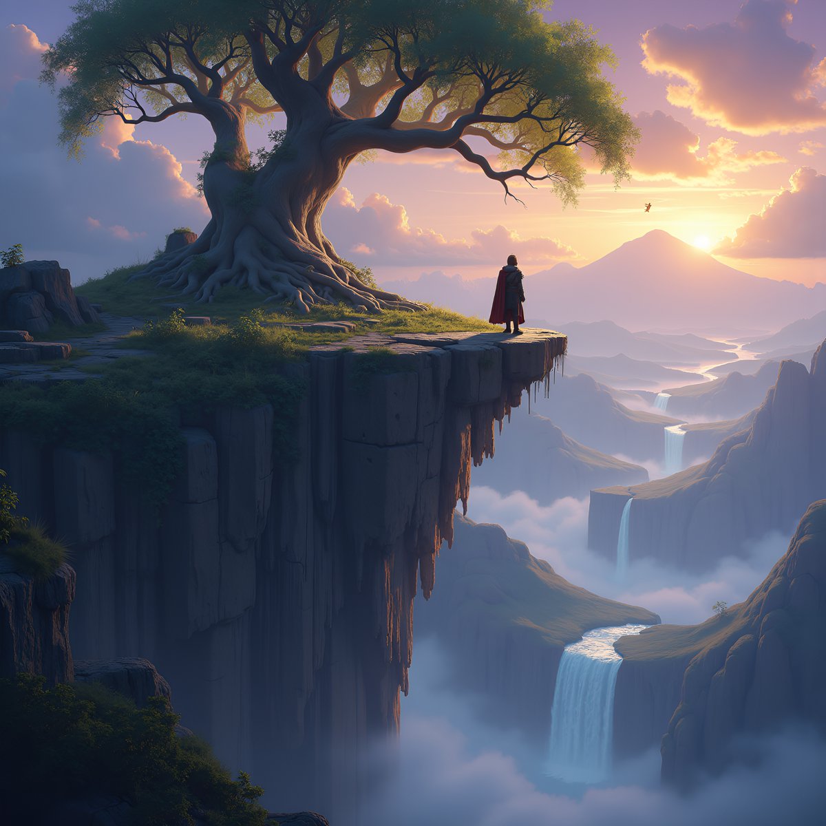 PromptSin's tweet image. In a dreamscape where nature meets fantasy, a lone figure gazes at endless waterfalls. 🌅✨ #SurrealArt #NatureFantasy