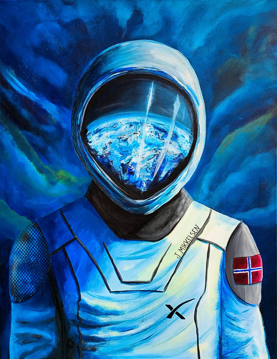 theartsyntax's tweet photo. When I saw Norway's first astronaut, @astro_jannicke, floating over our polar regions aboard Dragon with the @framonauts crew, I knew I had to honor it somehow.

I’ve followed @SpaceX and Elon Musk for years – but this was something else.
Above and beyond. Literally...

Painted in acrylics on canvas. 
70x90cm 

#SpaceX #dragoncrew #art #inspiration #nasa #norway