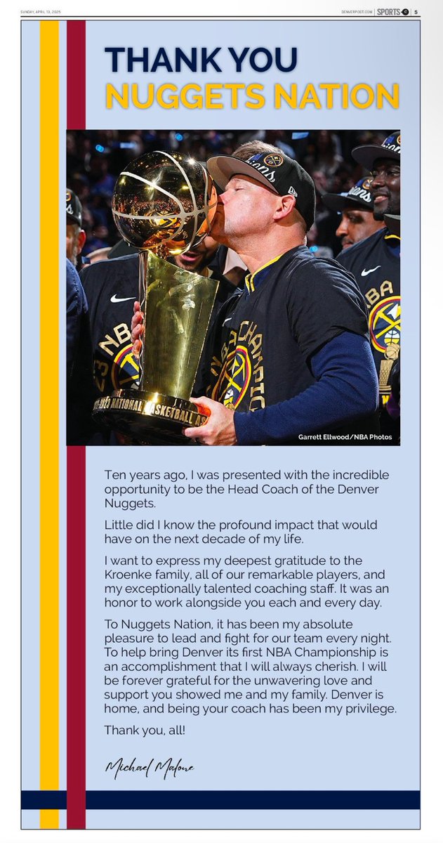 Michael Malone has a message for Nuggets fans in the Sunday @DenverPost