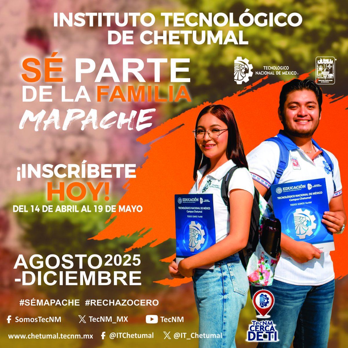 El Tecnológico Nacional de México, Campus Chetumal, te invita a participar en la Convocatoria de Admisión 2025 para el período escolar agosto-diciembre 2025.

Consulta la convocatoria: bit.ly/42GUSHv

¡Da el primer paso hacia tu futuro profesional! 🦝