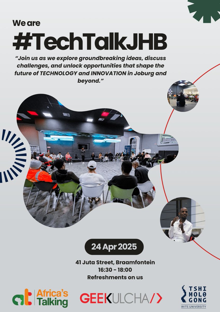 ATCommunityJhb's tweet photo. Join us for the April TechTalk: 'Hidden Gems' series!

Let's make the circle bigger 😃

🔗 RSVP here: https://t.co/a43Dtt9KxP

🗓️ 24 April 2025
⌚ 16:30-18:30
📍 Tshimologong pricent 
🍡 Something to nibble on 

#TechTalkJHB #Welovenerds #Africastalking https://t.co/DjIJVGXewv