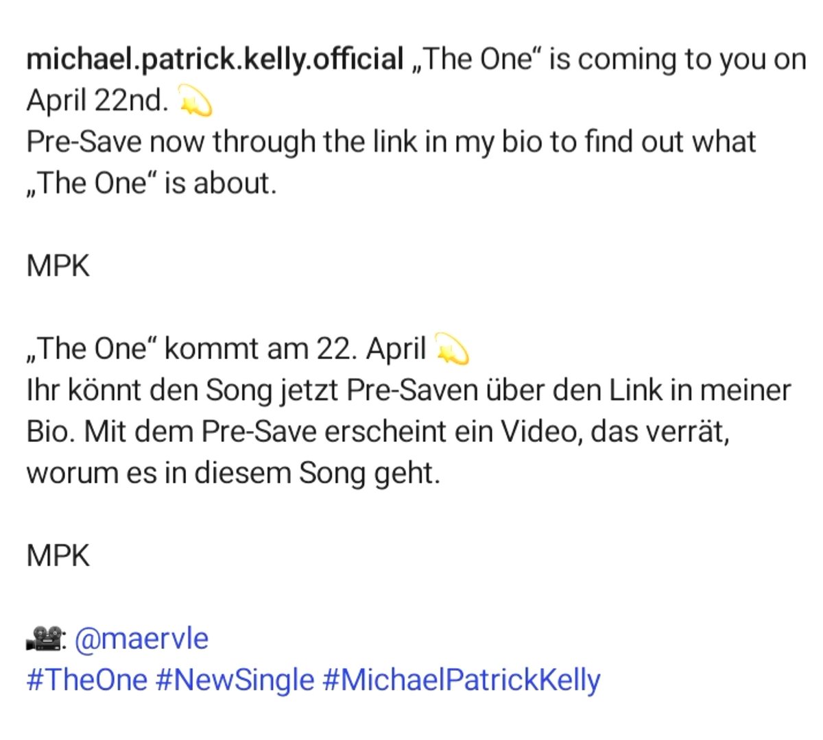 iRealMuse1's tweet image. • New Post • 
Repost @michael.patrick.kelly.official (via feeds &amp;amp; stories • Instagram) 
„The One“ is coming to you on April 22nd. 💫 
Pre-Save now on followthetraces.com 

(...)

🎥: @maervle
#TheOne #NewSingle #MichaelPatrickKelly #MPK