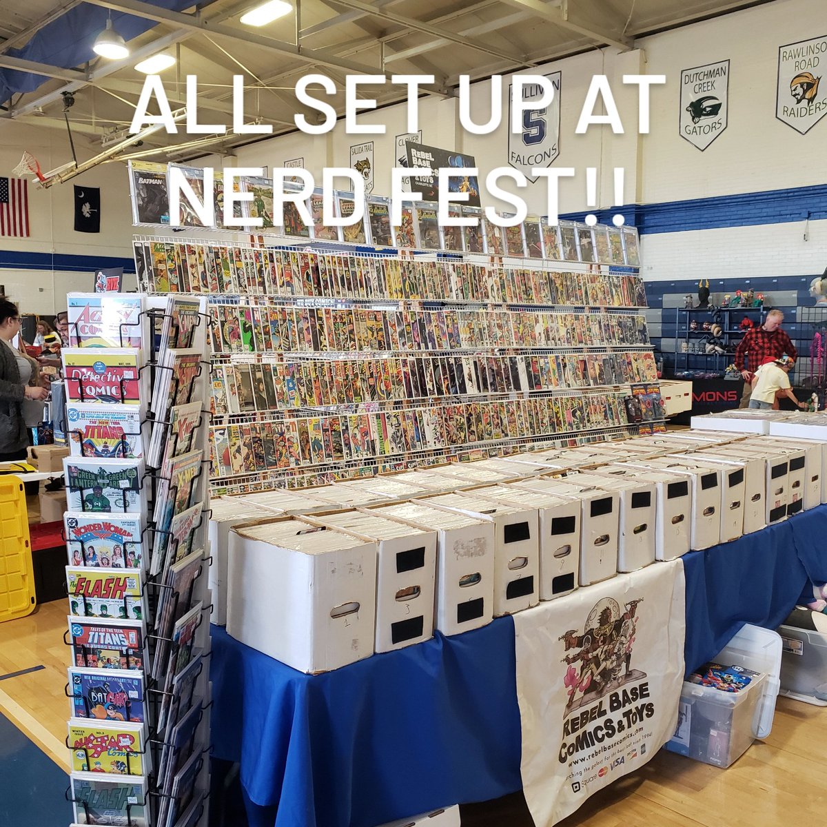 All set up and ready to go at #nerdfest @nerdfest2025  in #rockhillsc #fortmillsc #rockhill #fortmillsc #comics #toys #comicbooks #silverage #bronzeage #actionfigures #comiccon #comicon #readyfortheweekend