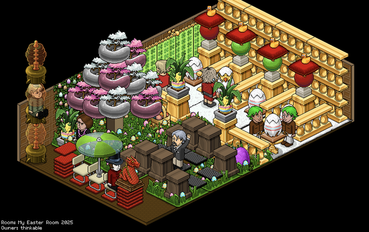 Oompa Loompa doompa dee doo.

Here's my Wonka entry for <a href="/HabboOrigins/">Habbo Hotel: Origins</a> Easter Room comp. Feat. Augustus Gloop being drawn up the chocolate tube, and his concerned mother.

Veronica Salt stealing the golden egg.

Charlie tasting wallpaper, &amp; his Grandpa watching Wonka on his boat🍫