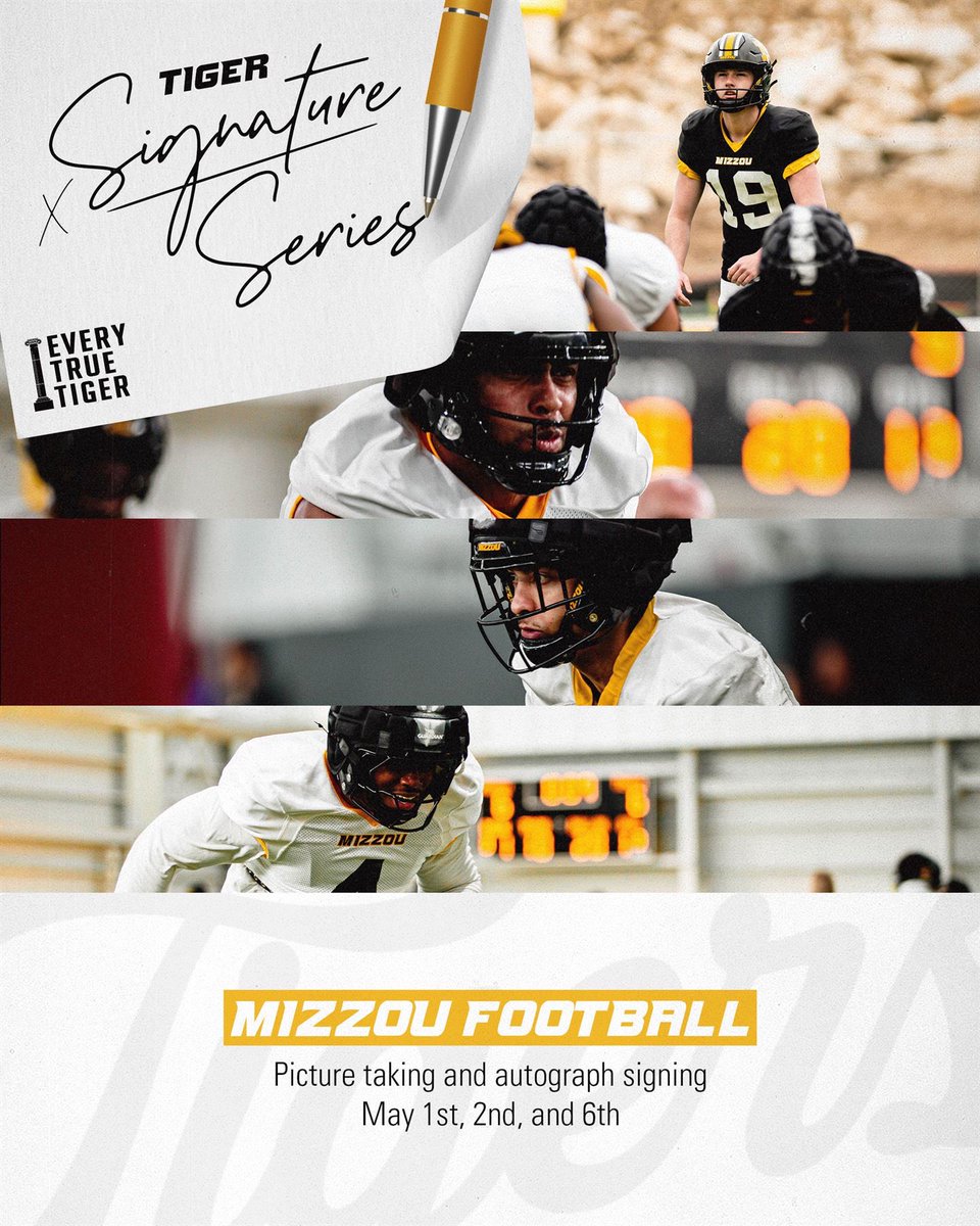 Connor Tollison (@tollisonconnor) on Twitter photo No helmets. No pads. Just vibes and autographs. Come hang with Mizzou Football at select home games this May! Stay tuned for more info.🟡⚫️ <a href="/MizzouAthletics/">Mizzou Athletics</a> #TigerSignatureSeries #ETTB No helmets. No pads. Just vibes and autographs. Come hang with Mizzou Football at select home games this May! Stay tuned for more info.🟡⚫️ <a href="/MizzouAthletics/">Mizzou Athletics</a> #TigerSignatureSeries #ETTB