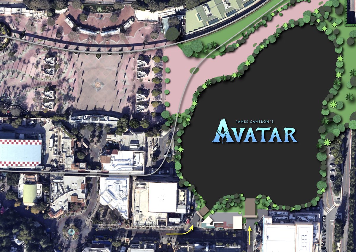 Disneydeep's tweet photo. How will Pandora be fit into Disney California Adventure? Well, here’s my theory. I believe that Disney will use theater facades to transport us into the world of Avatar from within Hollywood Land! Here’s my speculative map of how it will be placed in the park. https://t.co/sUtsopSrDp