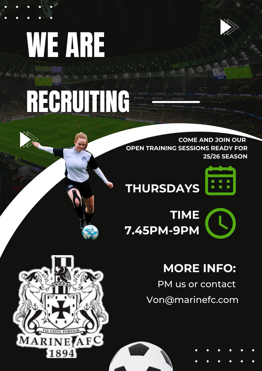 Marine FC Women (@marinewfc) on Twitter photo We are recruiting ahead of our 25/26 season. We have been promoted into the LWYFL Prem. We are currently seeking experienced players. Message for further information.
<a href="/MarineAFC/">Marine Football Club</a> We are recruiting ahead of our 25/26 season. We have been promoted into the LWYFL Prem. We are currently seeking experienced players. Message for further information.
<a href="/MarineAFC/">Marine Football Club</a>