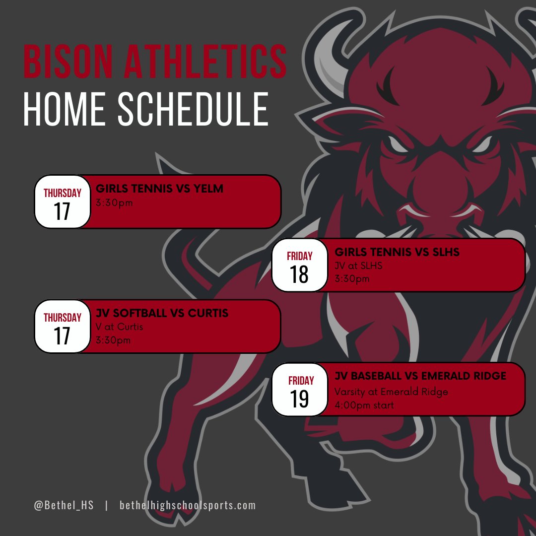 BHS Athletics hopes that you had a great Spring Break and ready for the final stretch to our regular seasons.  TEAM PHOTOS will be held on Monday, and then a full slate of contests at home this week.  Go Bison!
#bhs #bison #bethel #gobison #jointheherd
