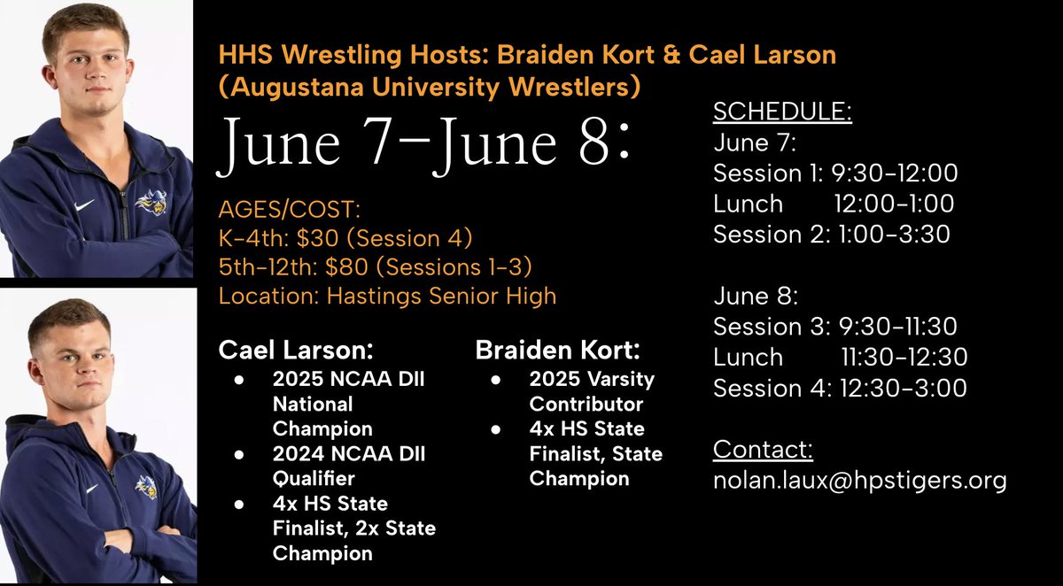 Hastings High Wrestling (@hastingshighwr1) on Twitter photo Great opportunity to learn from 2 Augustana wrestlers. Braiden is a former tiger stand out. Cael is a 2025 D2 national champion! 2
<a href="/HastingsTigers/">Hastings Tigers</a>
<a href="/Huskermat/">Huskermat™</a>
<a href="/NEBwrestle/">NEwrestle</a> Great opportunity to learn from 2 Augustana wrestlers. Braiden is a former tiger stand out. Cael is a 2025 D2 national champion! 2
<a href="/HastingsTigers/">Hastings Tigers</a>
<a href="/Huskermat/">Huskermat™</a>
<a href="/NEBwrestle/">NEwrestle</a>