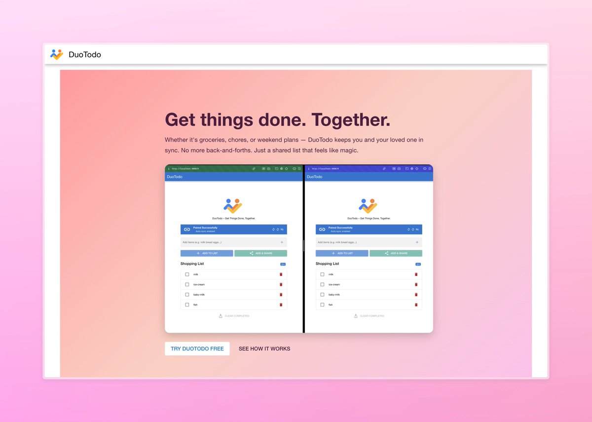 DuoTodo  is ready , with duotodo you can share and sync todo's with your partner 

anyone want to test it for free. limited excess