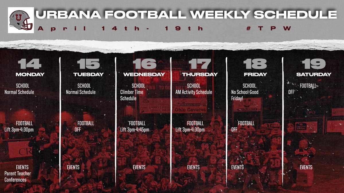 RecruitUrbanaFB's tweet image. Schedule for the week. Another opportunity to get better. The weeks are going by fast. #TPW #PlateParadise