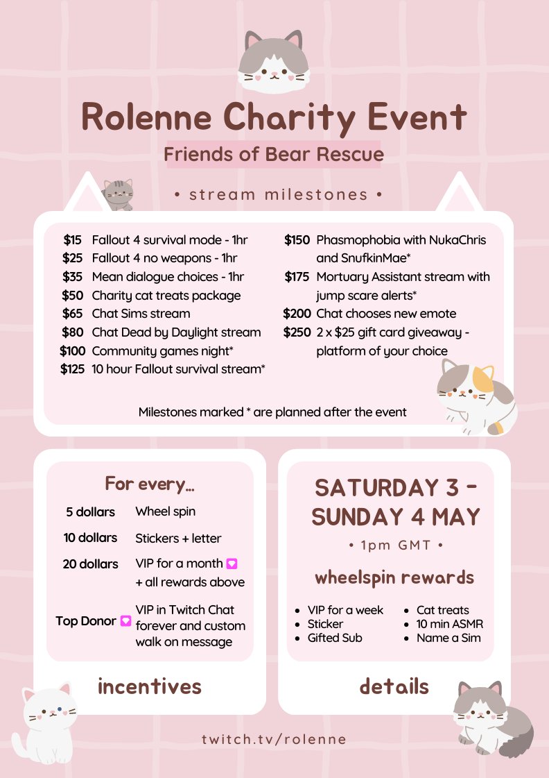 I am so happy to share the Friends of Bear Rescue fundraiser on Saturday 3rd and Sunday 4th May! 🐈here's a lil graphic to summarise, any shares are so very appreciated 🩷
<a href="/feederofcats/">Friends of Bear Cat Rescue</a>

#Twitch #smallstreamers