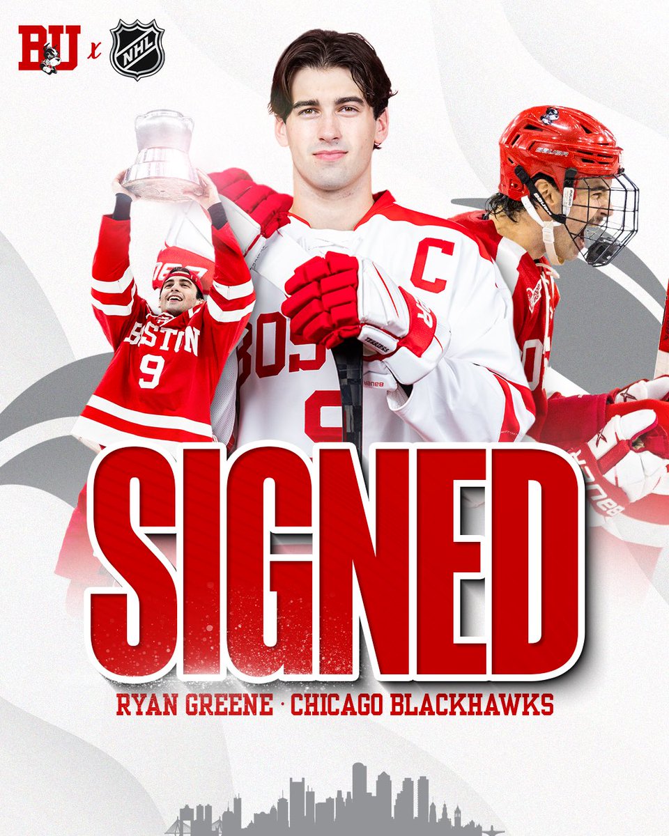 BU Men's Hockey (@terrierhockey) on Twitter photo Congrats to Ryan Greene on signing a three-year deal with <a href="/NHLBlackhawks/">Chicago Blackhawks</a>!
Wishing you all the best as you begin your pro career, Greener! Congrats to Ryan Greene on signing a three-year deal with <a href="/NHLBlackhawks/">Chicago Blackhawks</a>!
Wishing you all the best as you begin your pro career, Greener!
