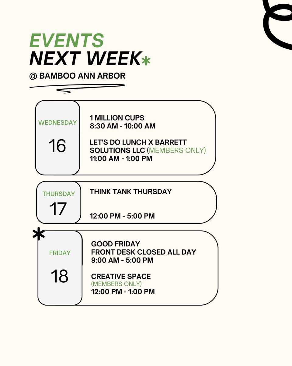 Coming up this week at Bamboo, community events so you don’t have to work alone.

#remotework #coworking #community