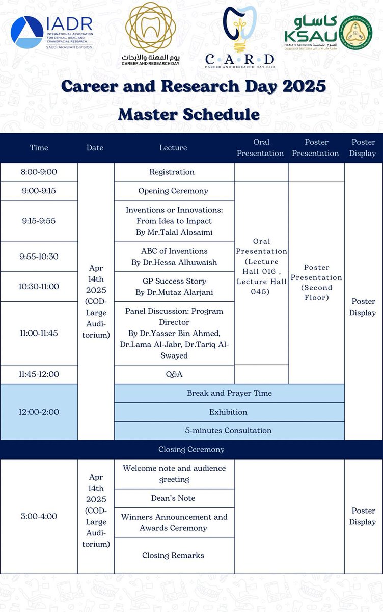 Reminder! 
Get ready for #CARD2025 ✨💡
the premier event for dental professionals and researchers! 

Don’t miss your chance to be part of the future! 🤩

⏱️4 CME hours ⏱️
📍College of Dentistry- Large Auditorium 

Register now! 
cod.ksau-hs.edu.sa/card_registrat…