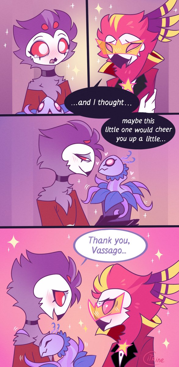 Stolas is in great need of support right now, so Vassago is giving him an unexpected gift 🦜✨
#HelluvaBoss #Stolas #Vassago #Stolago