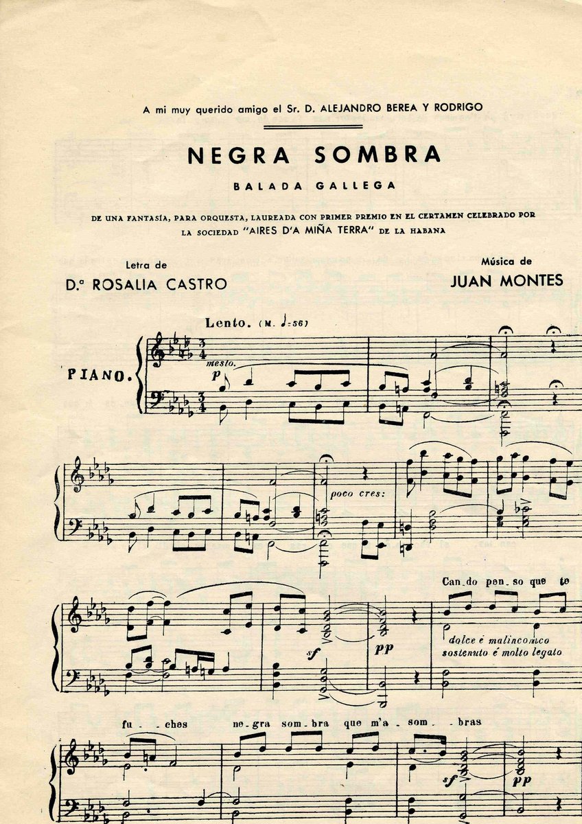 XEL56's tweet image. O 13 de abril de 1840 nace en Lugo Xoán Montes Capón, compositor, pianista, organista e director de música. Foi autor de numerosas obras musicais profanas e relixiosas entre as que destacan Negra sombra, sobre o poema d Rosalía de Castro,
Negra sombra : youtu.be/uY5GIlRv0iQ