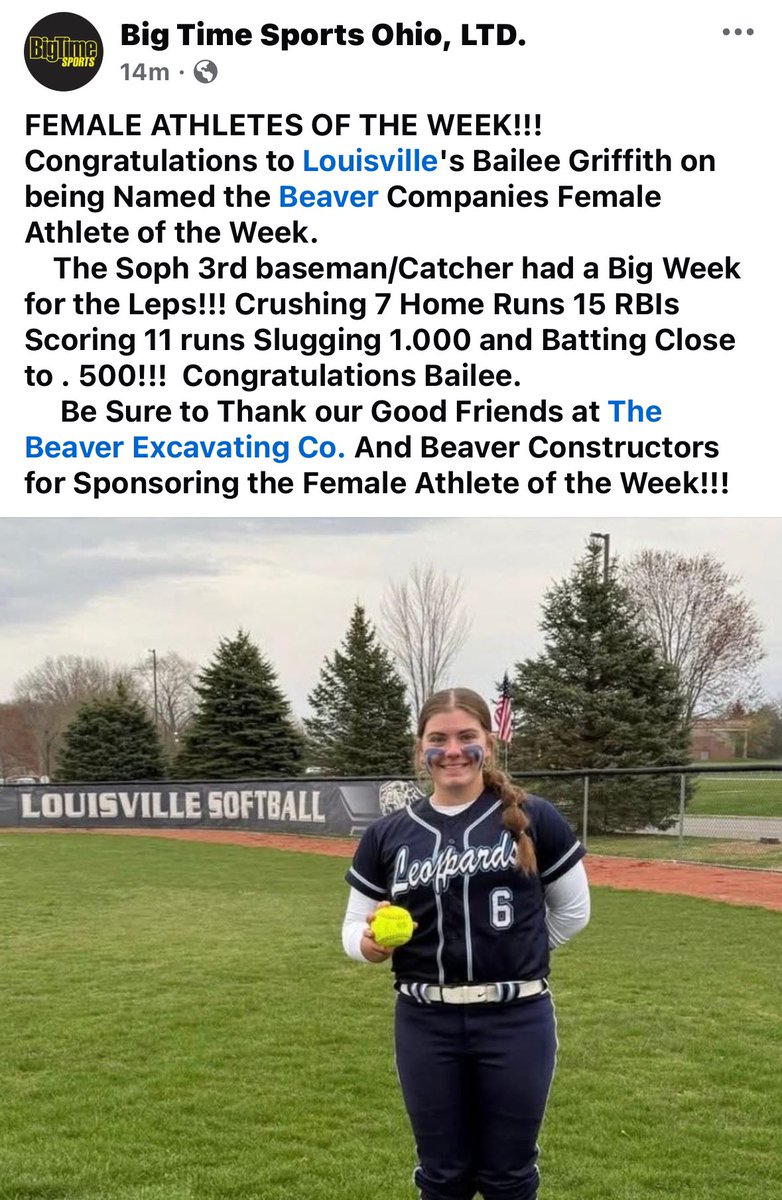 Bailee Griffith (@griffithbailee6) on Twitter photo Thank you <a href="/btsohio/">Big Time Sports</a> for the recognition. Also a big thank you to Beaver Excavating for sponsoring the female athlete of the week! I am forever thankful and honored to be apart of this!!
<a href="/coach_kgreen/">Kelley Green</a>
<a href="/kwoolf42/">Katie Woolf-Connell</a>
<a href="/OH_Storm16uPrem/">Ohio Storm 16U Premier</a>
<a href="/LadyLepSoftball/">Louisville Leopard Softball</a>
<a href="/MaloneUSoftball/">Malone University Softball</a> Thank you <a href="/btsohio/">Big Time Sports</a> for the recognition. Also a big thank you to Beaver Excavating for sponsoring the female athlete of the week! I am forever thankful and honored to be apart of this!!
<a href="/coach_kgreen/">Kelley Green</a>
<a href="/kwoolf42/">Katie Woolf-Connell</a>
<a href="/OH_Storm16uPrem/">Ohio Storm 16U Premier</a>
<a href="/LadyLepSoftball/">Louisville Leopard Softball</a>
<a href="/MaloneUSoftball/">Malone University Softball</a>