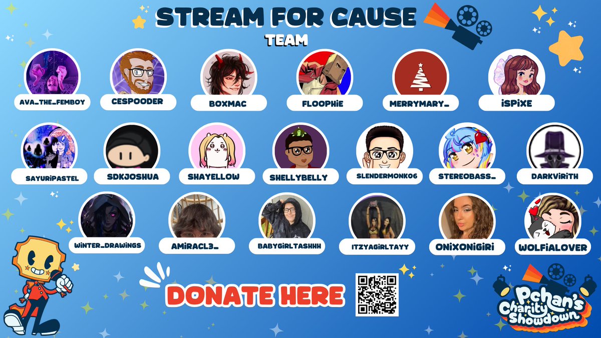 Long awaited team announcement 📣 
Team <a href="/Streamcause/">Stream for a Cause</a> 

<a href="/ava_the_femboy/">Ava the Femboy</a> 
<a href="/CrossISpooder/">CeSpooder (William CrossVO)</a> 
<a href="/BoxMacOfficial/">𝘽𝙤𝙭𝙈𝙖𝙘 | Vtuber Villain ARC 👿</a> 
<a href="/floophiee/">floophiee</a> 
<a href="/realmerrymary/">MerryMary</a> 
<a href="/SayuriPastel/">🌸Sayuri~Pastel🌸</a> 
<a href="/shayxllow/">Shay</a> 
<a href="/ShellyBellyttv/">ShellyBelly</a> 
<a href="/slendermonk06/">Slender</a> 
<a href="/stereobass_/">stereobass🎵🐟🔜Fish Debut?</a> 
<a href="/Windbeater_/">Windbeater ✧ Twitch Streamer ✧</a> 
<a href="/amiracl3_/">amiracl3</a> 
<a href="/BabygirlTashhh/">BabygirlTashGaming</a> 
<a href="/OnixOnigiri/">OnixOnigiri | Twitch Streamer</a> 
<a href="/wolfialover/">Woofia 🤗</a>