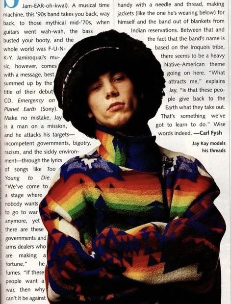 JamiroquaiDaily's tweet photo. Did you know? Jay's jacket, known from the EOPE era, is actually a transformed Pendleton blanket. The patterns on the coat are inspired by Native American designs. #jamiroquai #eope https://t.co/kRj9owWMyO