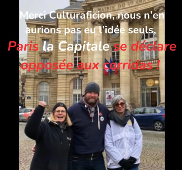 📢Bonne nouvelle !
#Paris se prononce contre la #corrida👏

Grâce aux bouffonneries des aficionados dans les arènes de Lutèce nous avons réussi à faire s'opposer la mairie du 5ème puis la ville de Paris tout entière à la cruelle et hasbeen corrida👍

MERCI aux 26 000 signataires