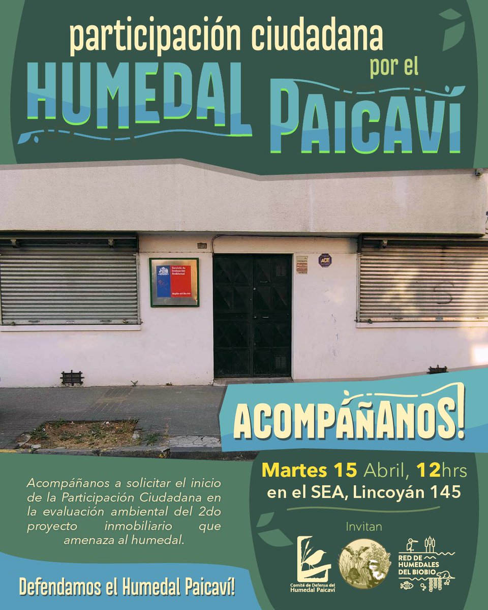 Acompáñanos a solicitar Participación Ciudadana en el SEA 🙏

Este martes 15 de abril iremos a las oficinas del Servicio de Evaluación Ambiental a ingresar las firmas que hemos reunido para solicitar Participación Ciudadana 

#Concepcion #humedalpaicaví #humedales