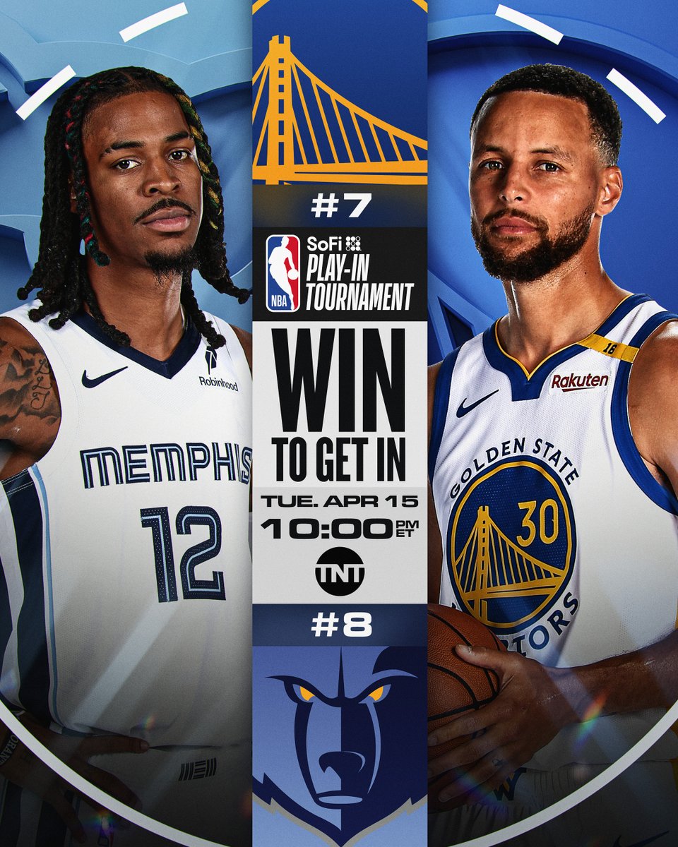 NBA's tweet photo. Steph &amp; the Warriors host Ja &amp; the Grizzlies in the #SoFiPlayIn 🍿

West #7 and a series against the West #2 Rockets are up for grabs when these two star-studded teams face off!

Tuesday, 4/15 at 10:00pm/et on TNT! https://t.co/RNkIpEneyc
