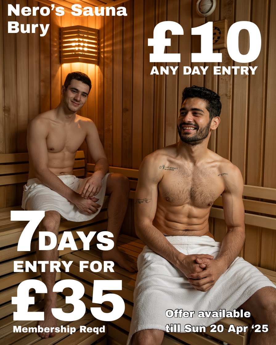 Nero’s Sauna Bury
£10 any day entry – this week only!
Relax with unlimited tea &amp; coffee, fresh towels, and pass outs included.
Offer ends Sun 20 April ‘25.
Show this tweet at reception.
nerossauna.com