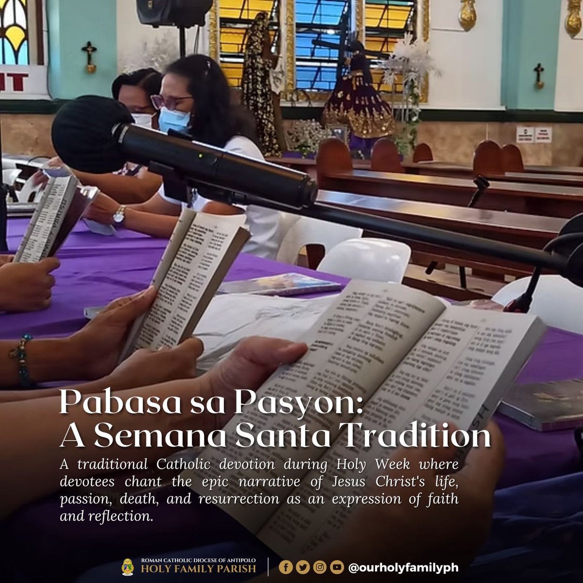 OurHolyFamilyPH's tweet photo. Pabasa ng Pasyon is a traditional Filipino Catholic devotion during Holy Week where devotees chant the epic narrative of Jesus Christ's life, passion, death, and resurrection as an expression of faith and reflection. 

Read the article here: https://t.co/74T7a4kuK0 https://t.co/8mgNRefi5T