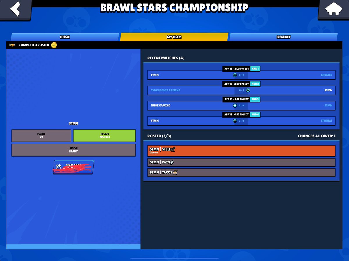 Qualified for the April Monthly. Difficult bracket and games but we have learned since month 1. Love my teammates <a href="/tacos_bs/">STMN tacos</a> <a href="/IpainGG/">STMN PaiN</a> <a href="/DaaNTzBS/">DaaNTz</a> <a href="/aallybs/">Ally</a>. See you in two weeks