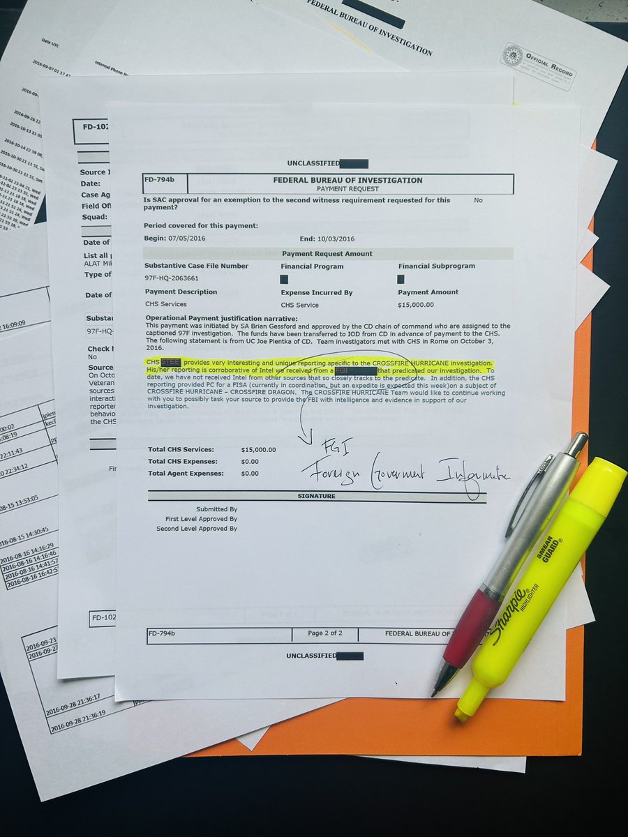 C__Herridge's tweet photo. This is the one ‘Russiagate Binder’ record you should not miss!

Buried in this 2016 expense report for former British spy and dossier author Christopher Steele is an important datapoint.

Steele's "reporting is corroborative of Intel we received from a FGI (Foreign Government Information) that predicated our investigation. To date, we have not received Intel from other sources that so closely tracks to the predicate.”

What exactly was the Russia collusion probe predicate? 

We know the uncorroborated dossier was wrongly used by the FBI to secure surveillance warrants for a Trump campaign aide.

The Russiagate reporting will never be complete until ALL records about its origins are public.

@FBIDirectorKash @DNIGabbard
