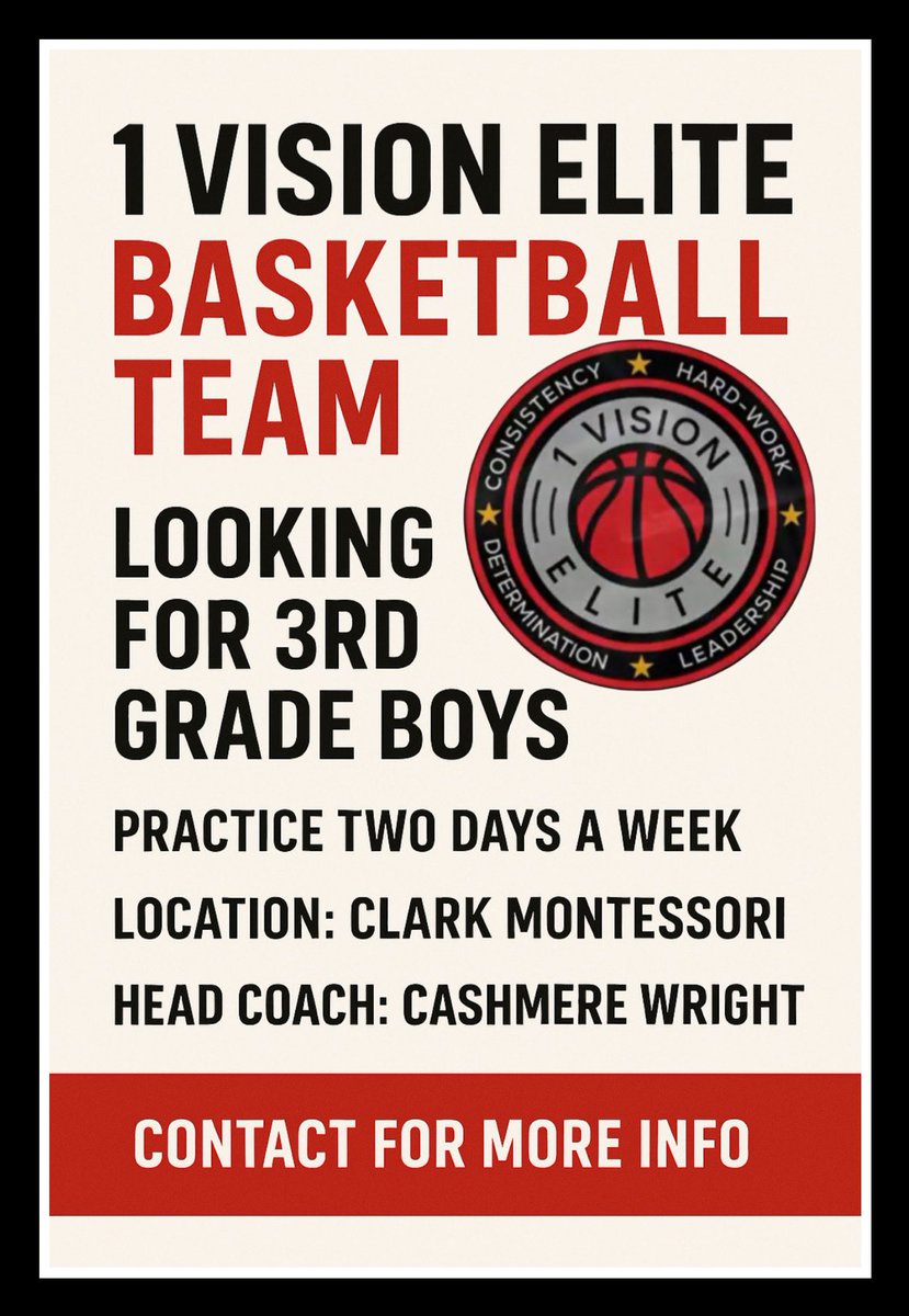 3rd Grade Hoopers Wanted!
Join the 1 Vision Elite Basketball Team
    •    Practice 2x a week
    •    Location: Clark Montessori
    •    Coach: Cashmere Wright
DM us for more info or to sign up!